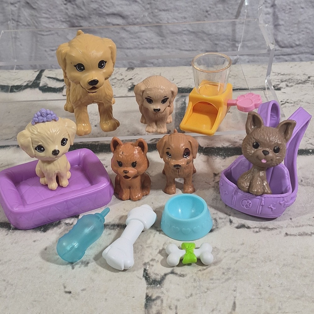 Barbie Pets Puppy Dog Lot Of 6 Figures With Bed Carrier‎ Food Dish Bone Bottle